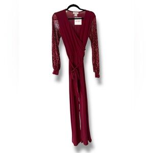 Accent Burgundy Sequin Sleeve Jumpsuit – Size L – NWT